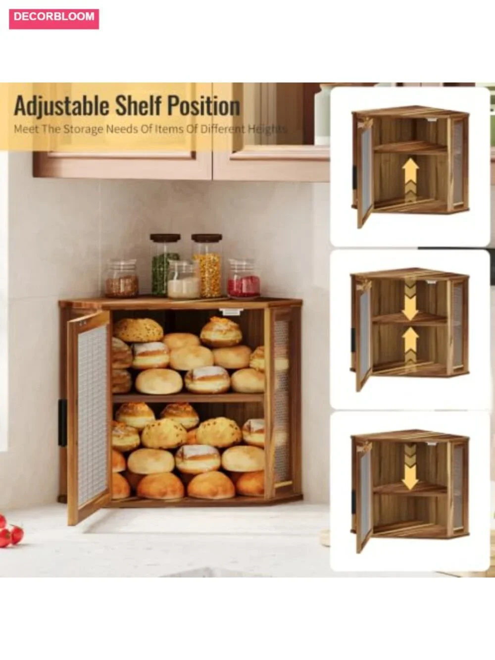 Acacia Wood 2-Tier Corner Bread Box, Extra Large Capacity Kitchen Storage with